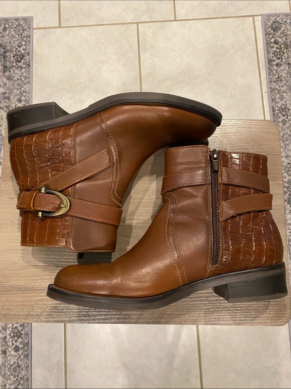 Flexi Brown Croc-Accent Leather Ankle Booties